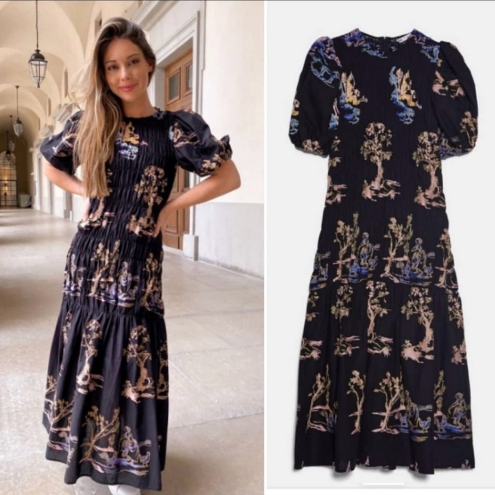 ZARA Black Midi Smocked Embroidered Dress, Small